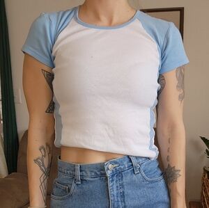 Soffee Y2K Blue And White Cotton T-Shirt Size Medium